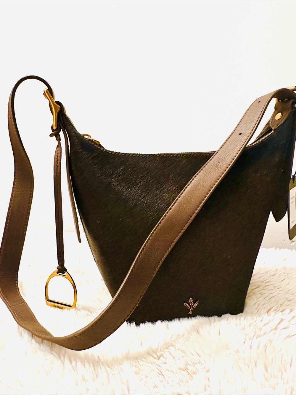 Black cowhide Crossbody Shoulder Bag with Brown Strap